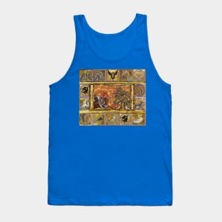 MEDIEVAL BESTIARY,RED DRAGON ,TREE OF LIFE AND BIRDS ,FANTASTIC ANIMALS IN GOLD RED BLUE COLORS Tank Top